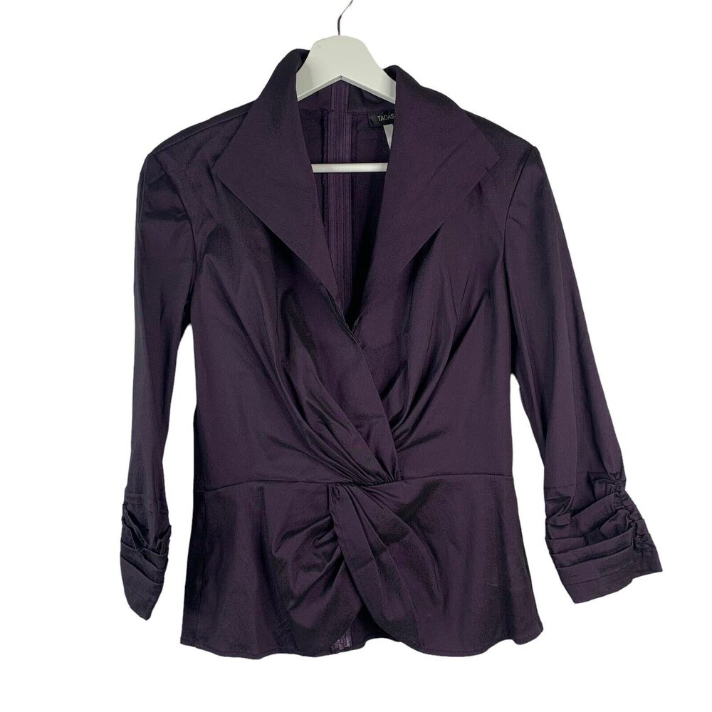 Tadashi Shoji 6 Blouse Twist Front Peplum Iridescent Purple Long Sleeve Cocktail